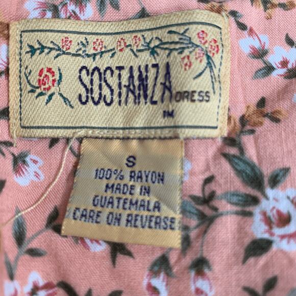 Vintage 90s Peach Floral Mini Dress Rayon Button Front Short Sleeve Scoopneck - Picture 8 of 11